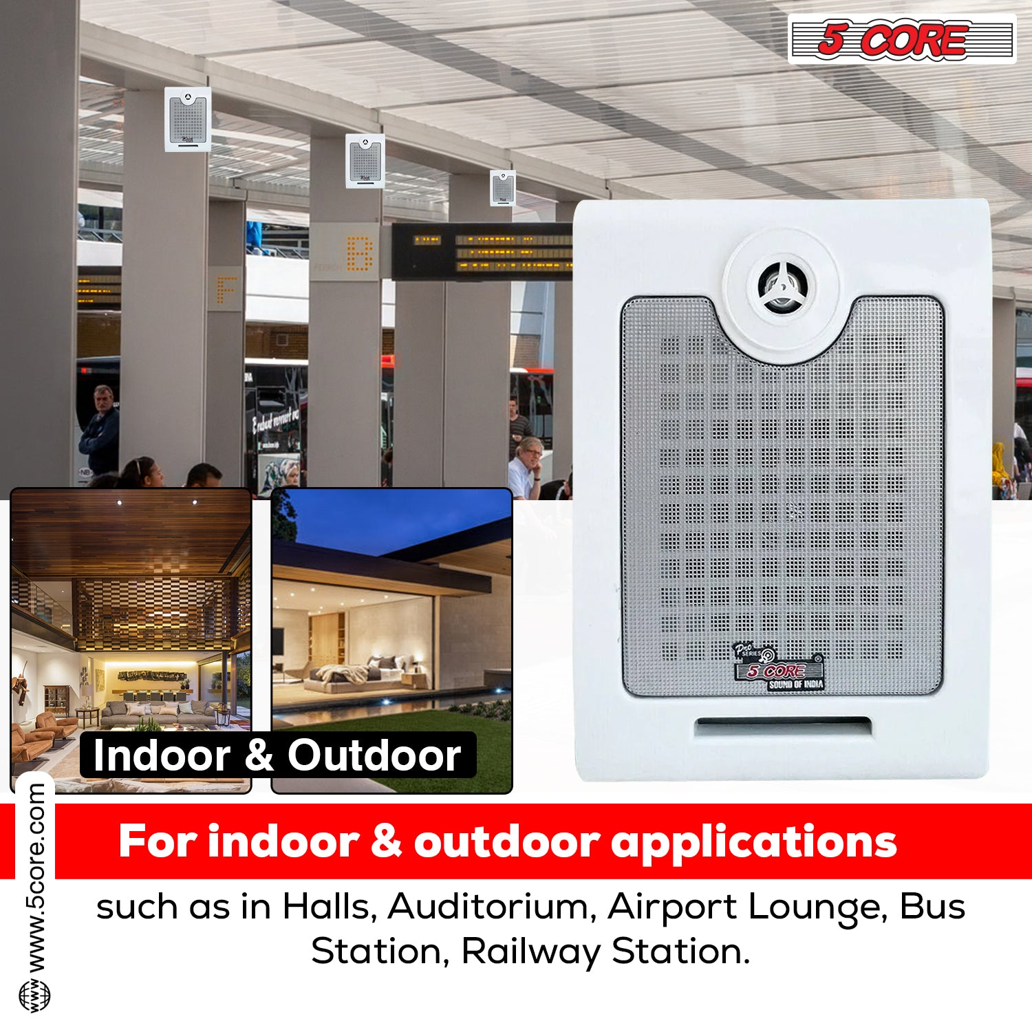 Start2Finish 5Core outdoor stereo in-wall speakers, 500W peak power, passive home audio system, mounted on exterior wall.