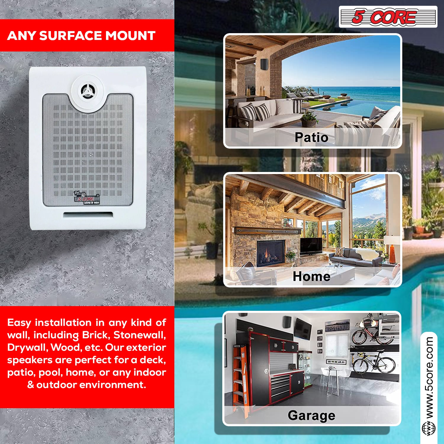Start2Finish 5Core outdoor stereo in-wall speakers with 500W peak power, designed for passive home and outdoor audio setups.