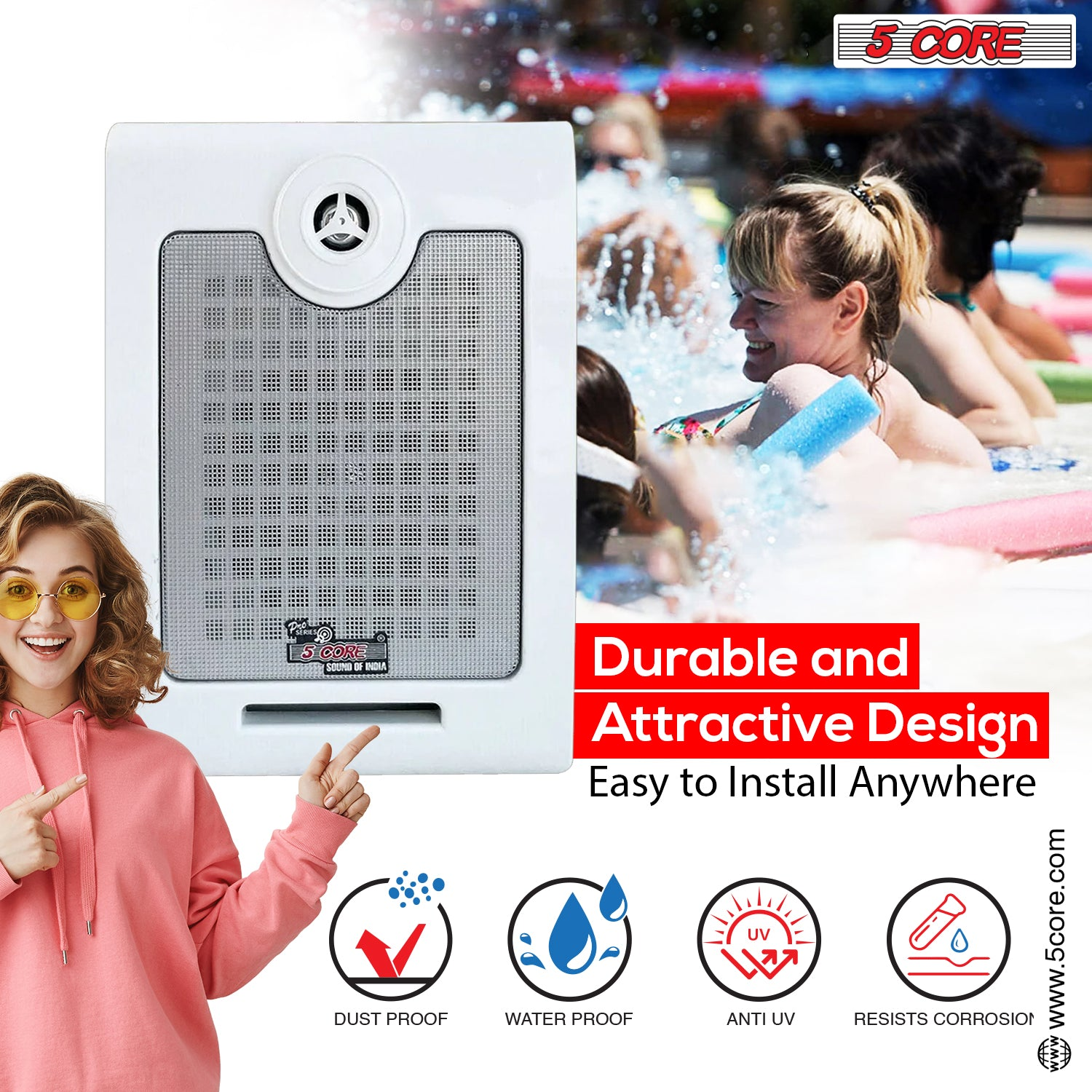 Start2Finish 5Core outdoor stereo in-wall speakers with 500W peak power for home audio, mounted on a wall in an outdoor setting.
