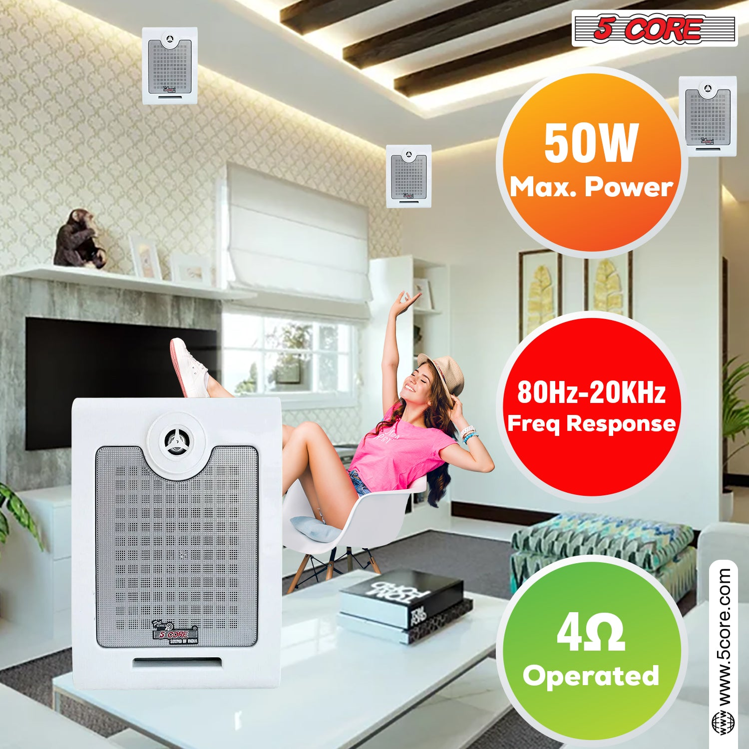 Start2Finish 5Core outdoor stereo in-wall speakers with 500W peak power, designed for home audio, showing black speaker grilles