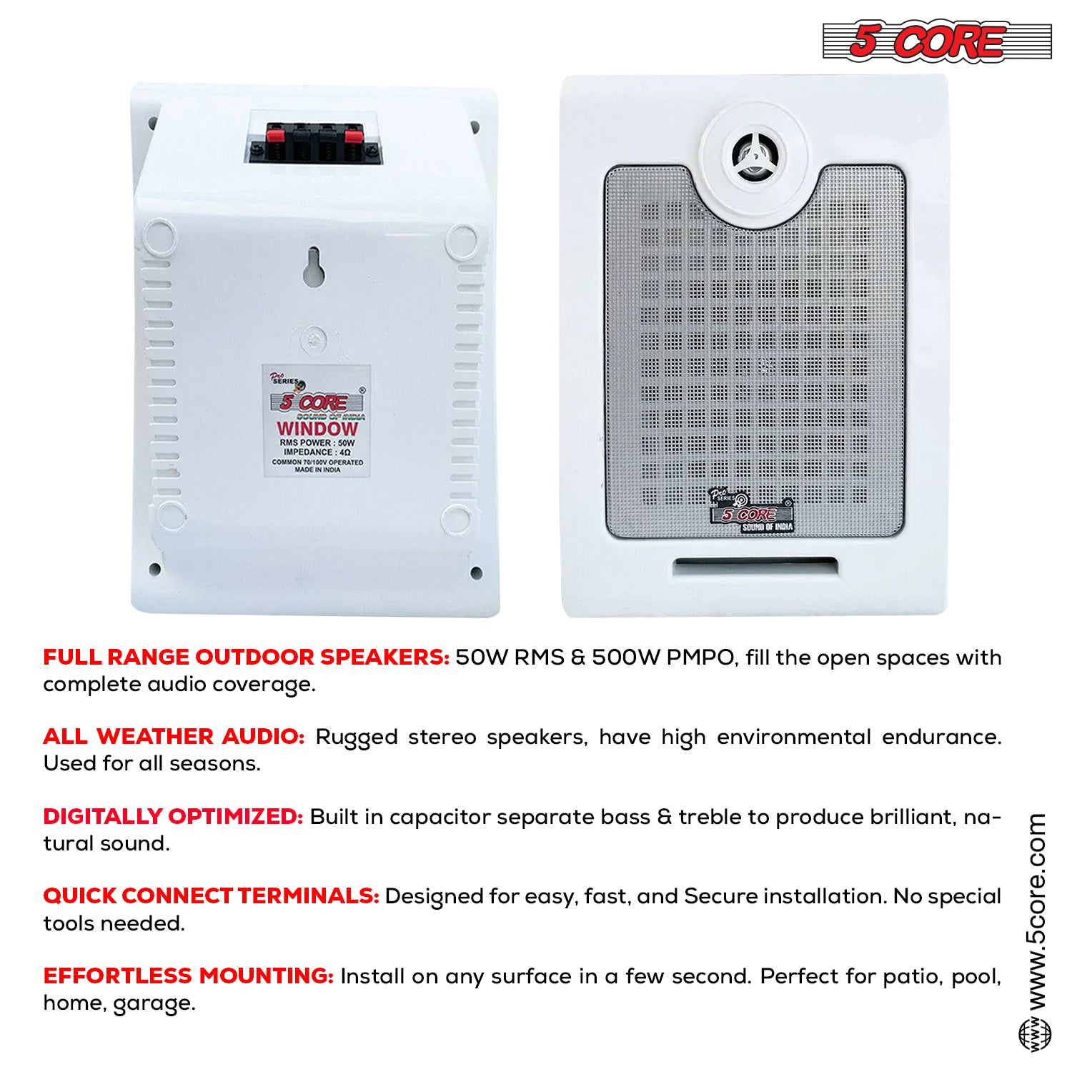 Start2Finish 5Core outdoor stereo in-wall speakers, 500W peak passive home audio system for outdoor sound.