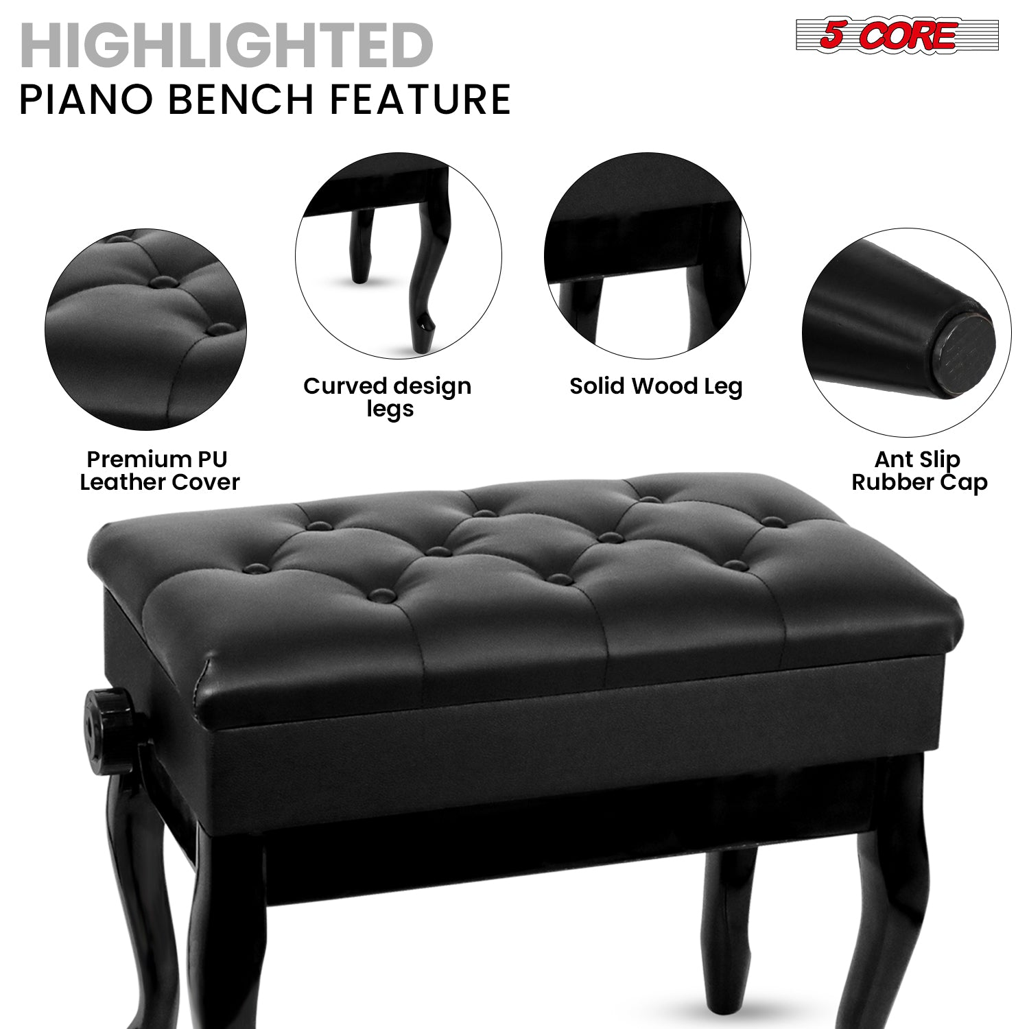 Start2Finish 5 Core padded piano bench with wooden frame, adjustable height, storage compartment, and cushioned seat for musicians.