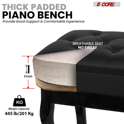 Start2Finish 5 Core piano bench with 3-inch padded cushion, wooden frame, adjustable height, and built-in storage for musicians.