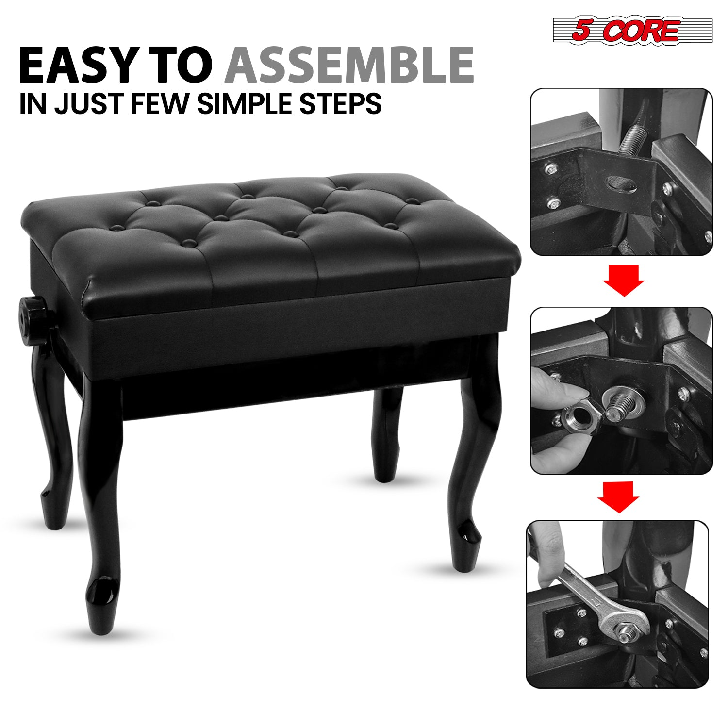 Start2Finish 5 Core piano bench with 3-inch padded cushion, wooden frame, adjustable height, and built-in storage for musicians.