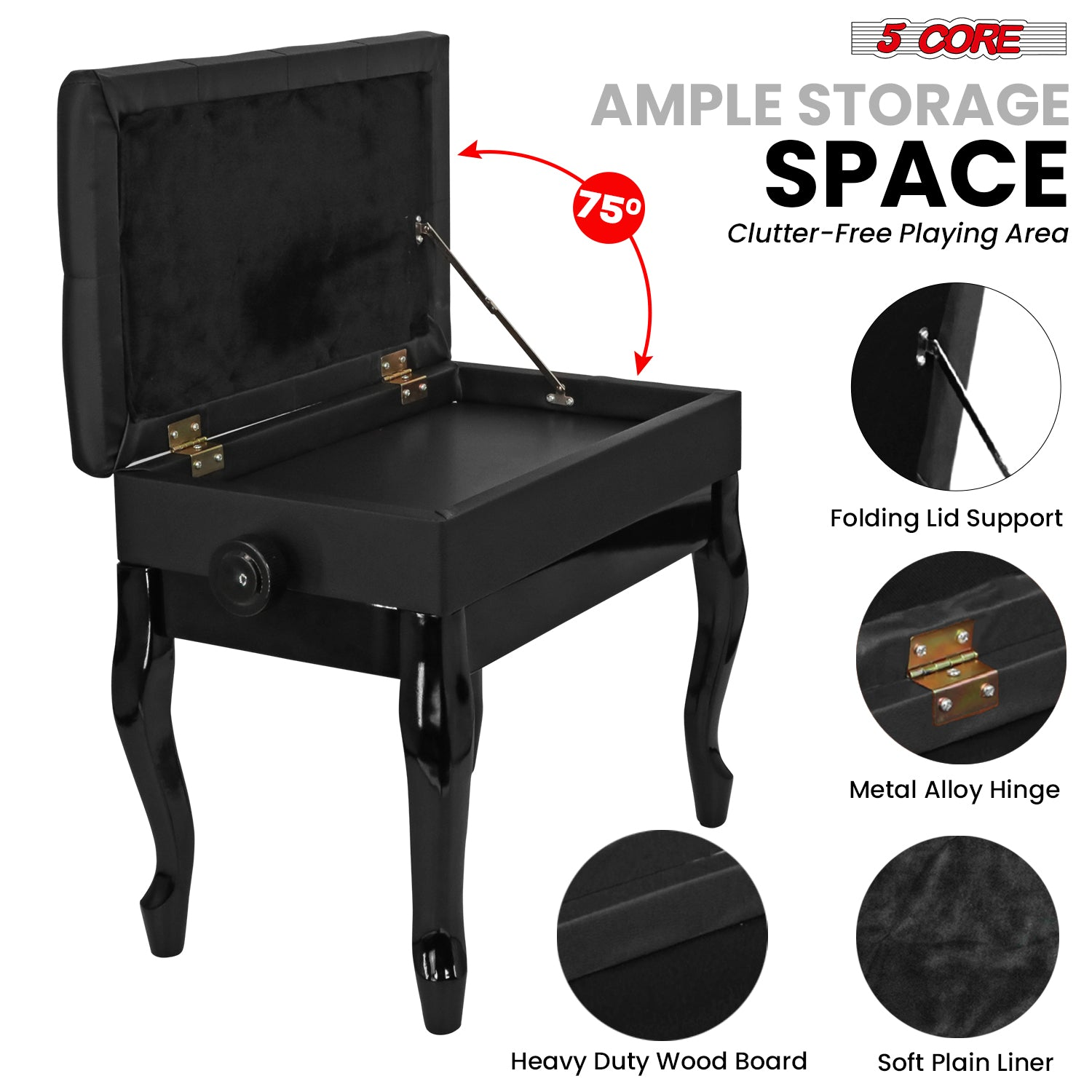 Start2Finish 5 core piano bench with 3-inch padded cushion, wooden frame, adjustable height, and built-in storage for musicians.