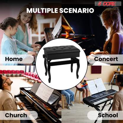 Start2Finish 5-core padded piano bench with wooden frame, adjustable height, cushioned seat, and built-in storage for musicians.