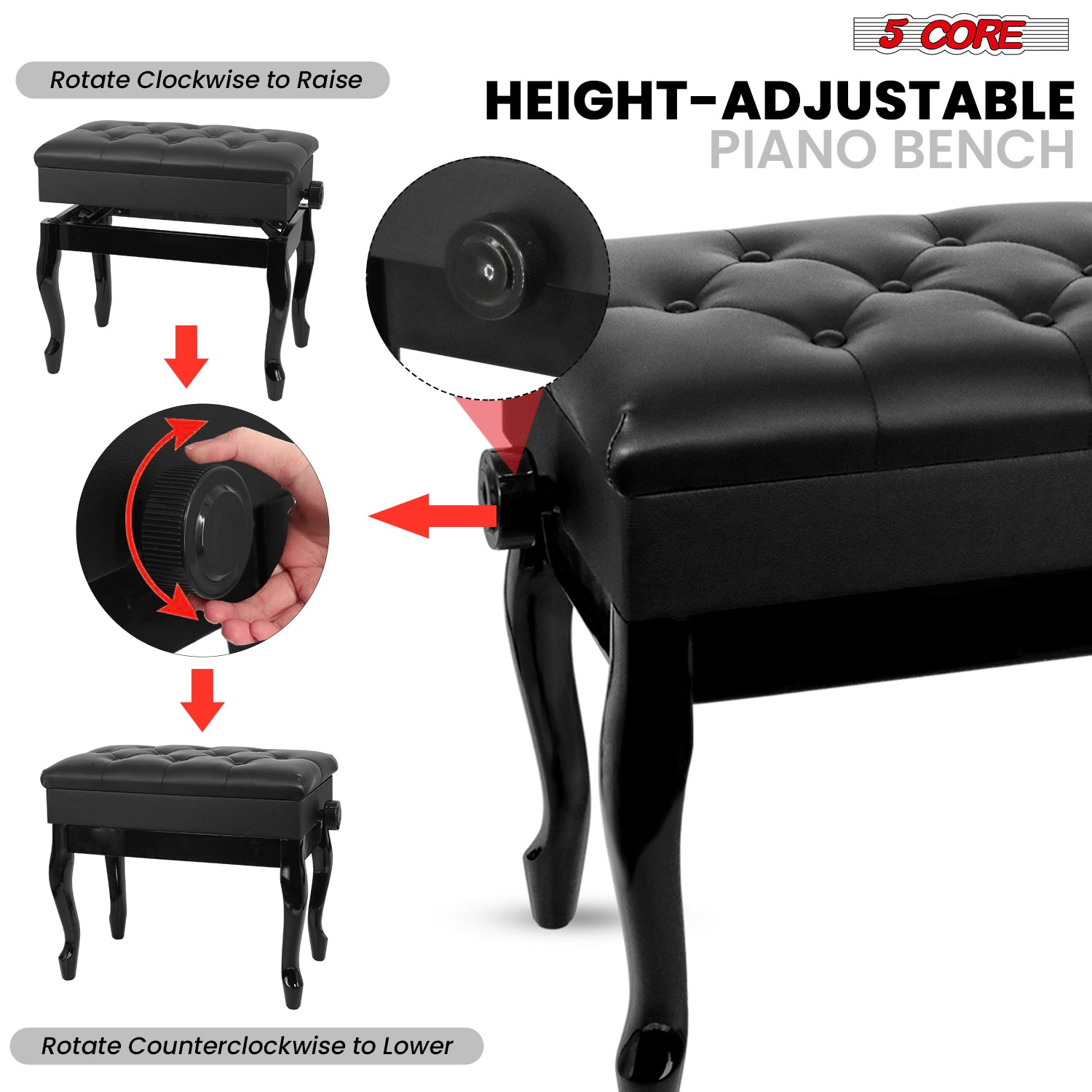 Start2Finish 5-core piano bench with 3-inch padded cushion, wooden frame, adjustable height, and built-in storage for musicians.