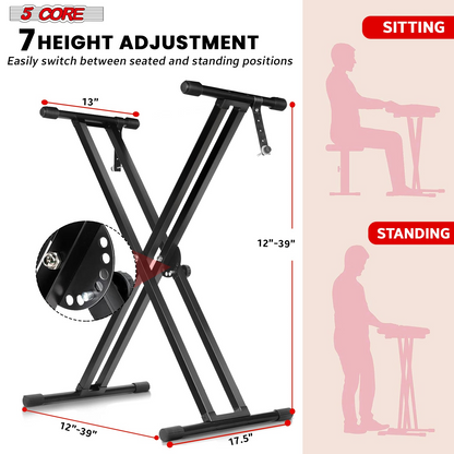 Start2Finish 5-core keyboard stand and adjustable padded piano bench set, ideal for musicians and keyboard players.
