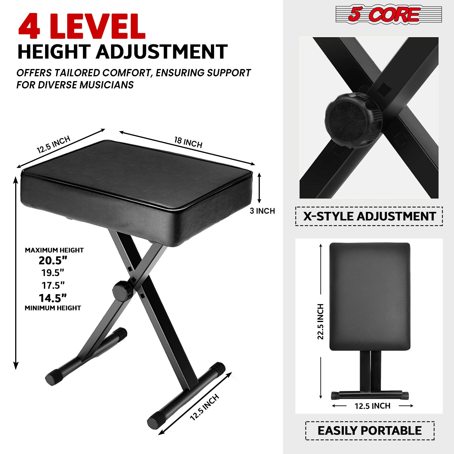 Start2Finish 5 Core keyboard stand and padded musician chair set with adjustable keyboard stand and comfortable padded seat.