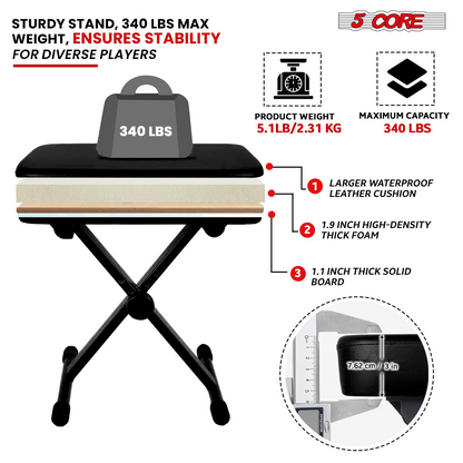 Start2Finish adjustable keyboard stand and padded piano bench set for musicians, featuring sturdy metal frames and comfortable seating.