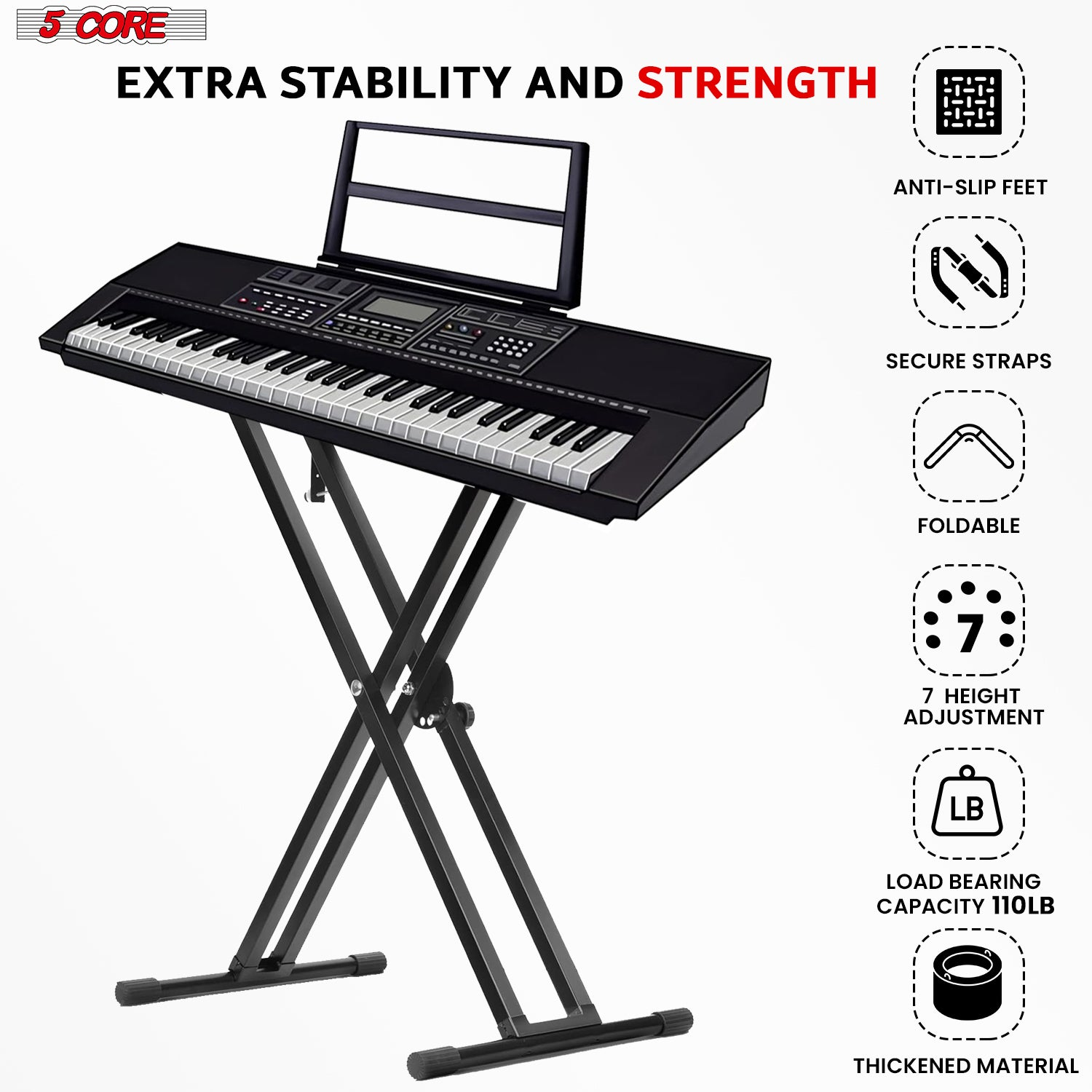 Start2Finish 5-core keyboard stand and padded musician chair set with adjustable piano bench and keyboard stands, ideal for musicians.