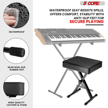 Start2Finish 5-core keyboard stand and padded musician chair set with adjustable piano bench for keyboard and music practice.
