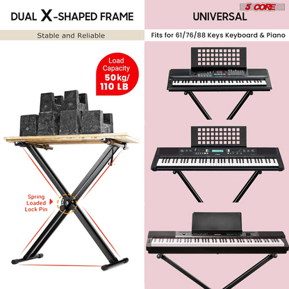 Start2Finish 5 Core keyboard stand and piano bench set with adjustable stands and padded musician chair for keyboards and digital pianos.