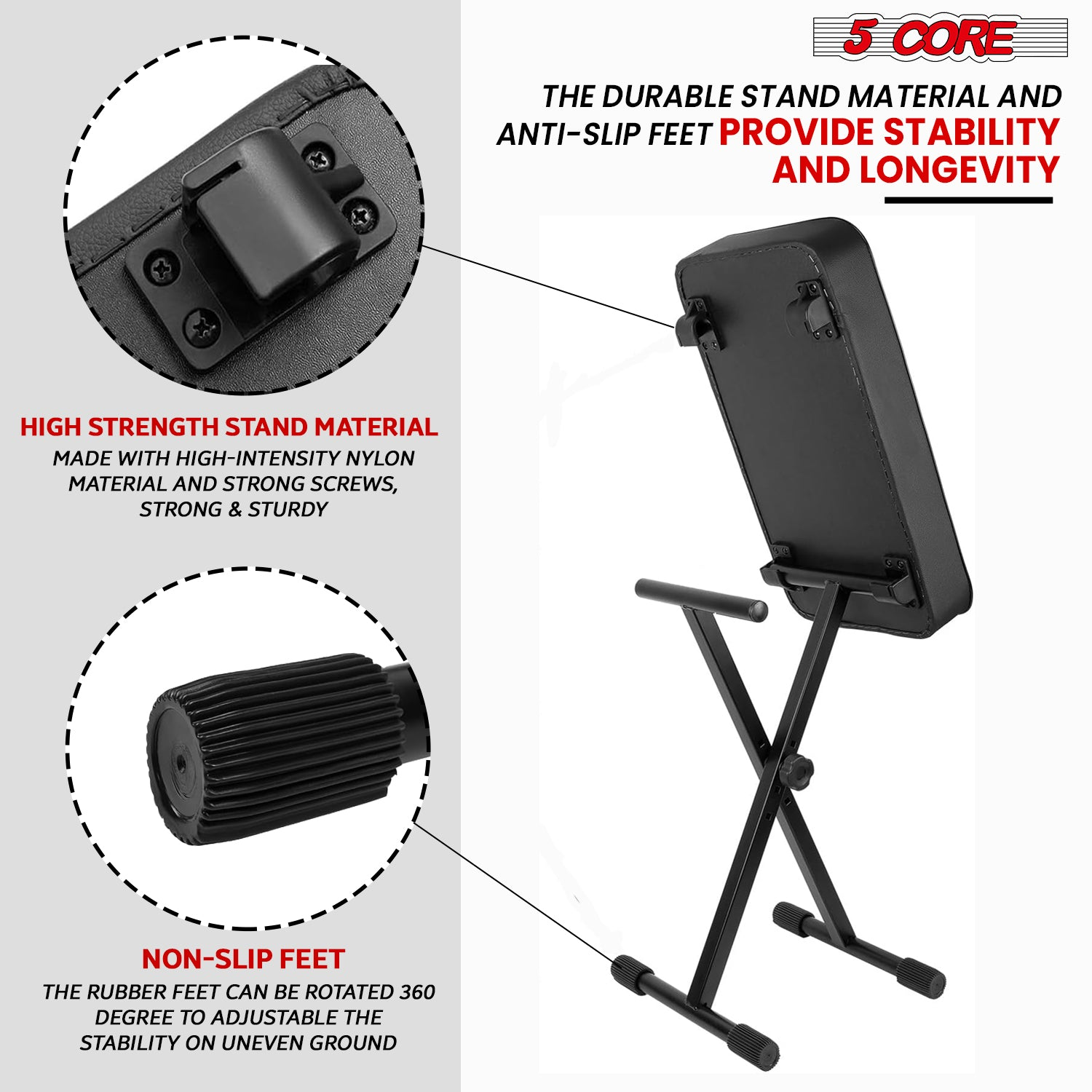 Start2Finish 5-core keyboard stand and adjustable padded musician chair set for piano or keyboard, sturdy and comfortable.