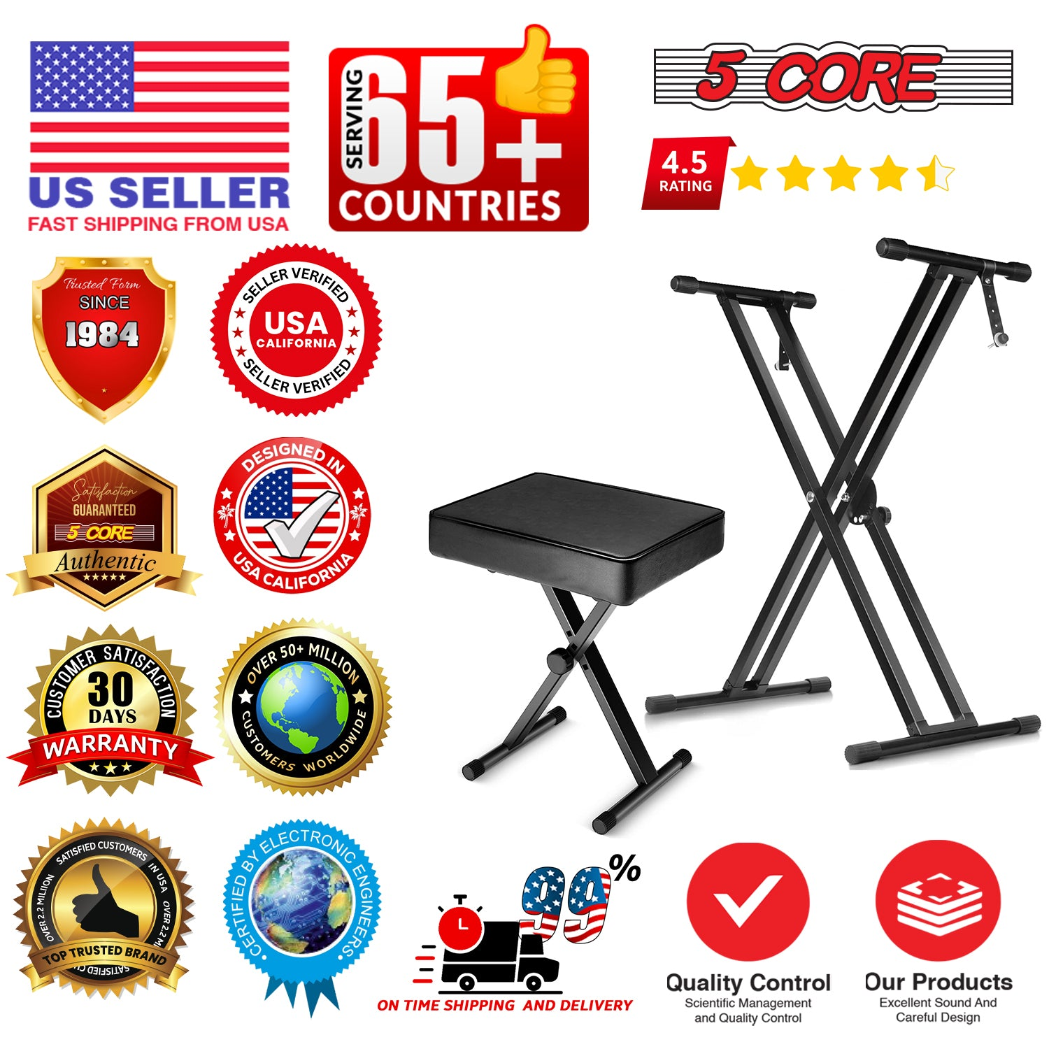 Start2Finish 5-core keyboard stand and padded musician chair set, adjustable keyboard stand and piano bench combo for musicians