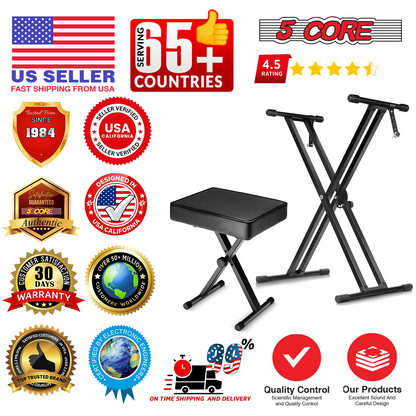 Start2Finish 5-core keyboard stand and padded musician chair set, adjustable keyboard stand and piano bench combo for musicians