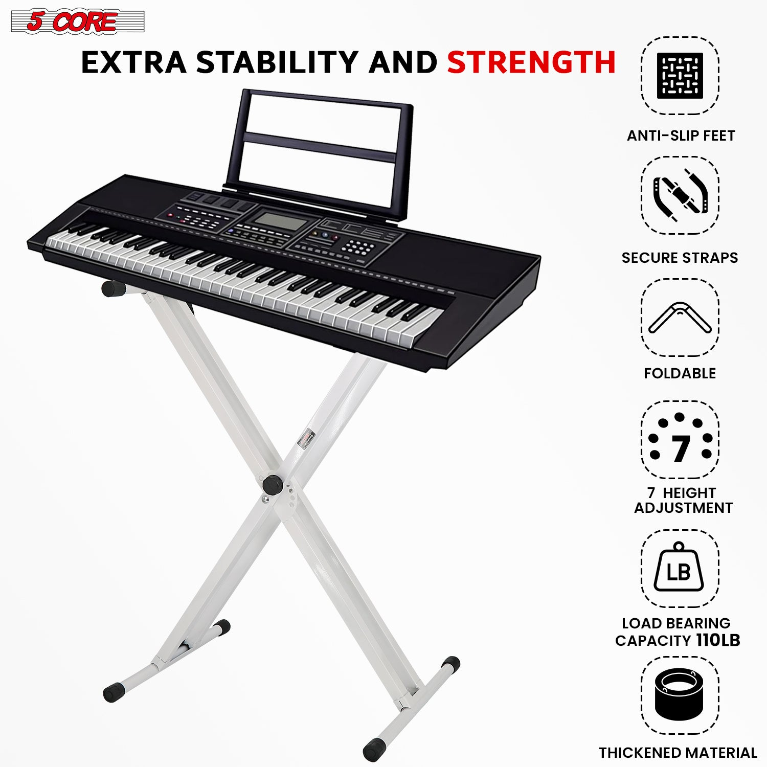 Start2Finish 5-core adjustable keyboard stand and padded piano bench set for musicians, featuring sturdy music stand and comfortable seating