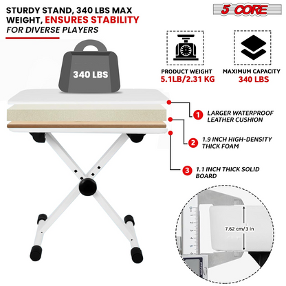 Start2Finish 5-core keyboard stand with adjustable padded piano bench and musician chair set for musical instruments.