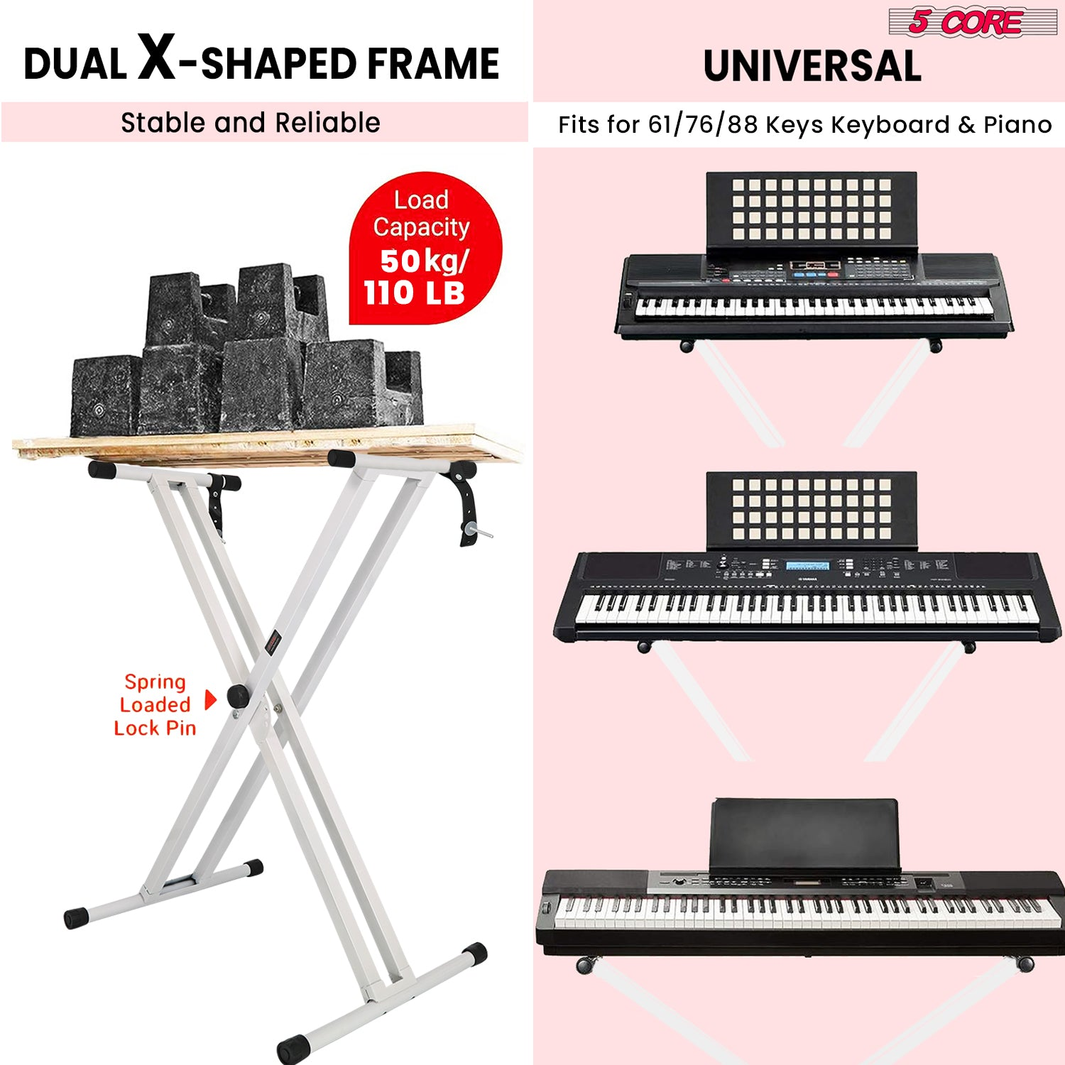 Start2Finish 5-core adjustable keyboard stand and padded musician chair set for piano and keyboard players.