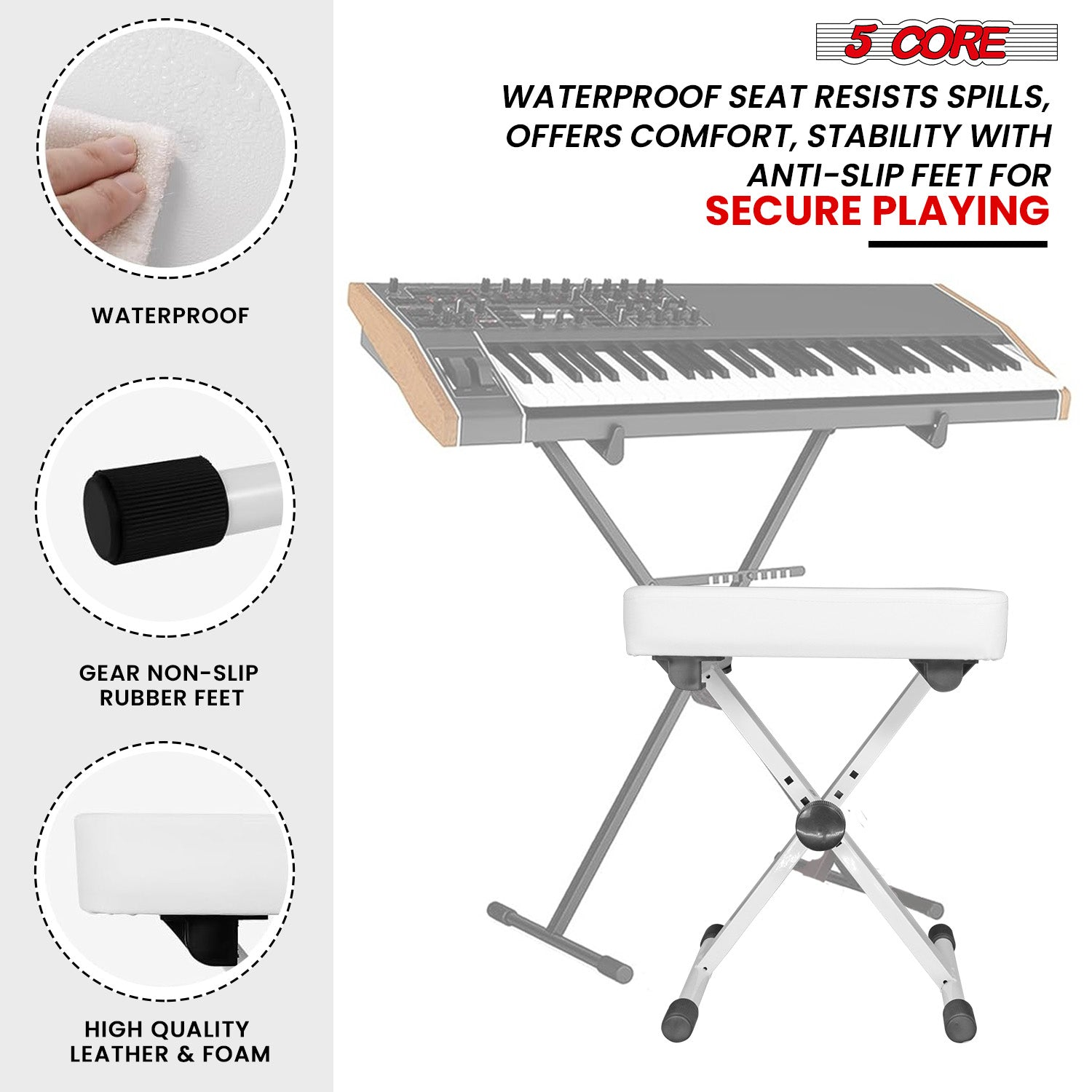 Start2Finish 5 Core keyboard stand and padded musician chair set with adjustable piano bench and music stand for electronic keyboards