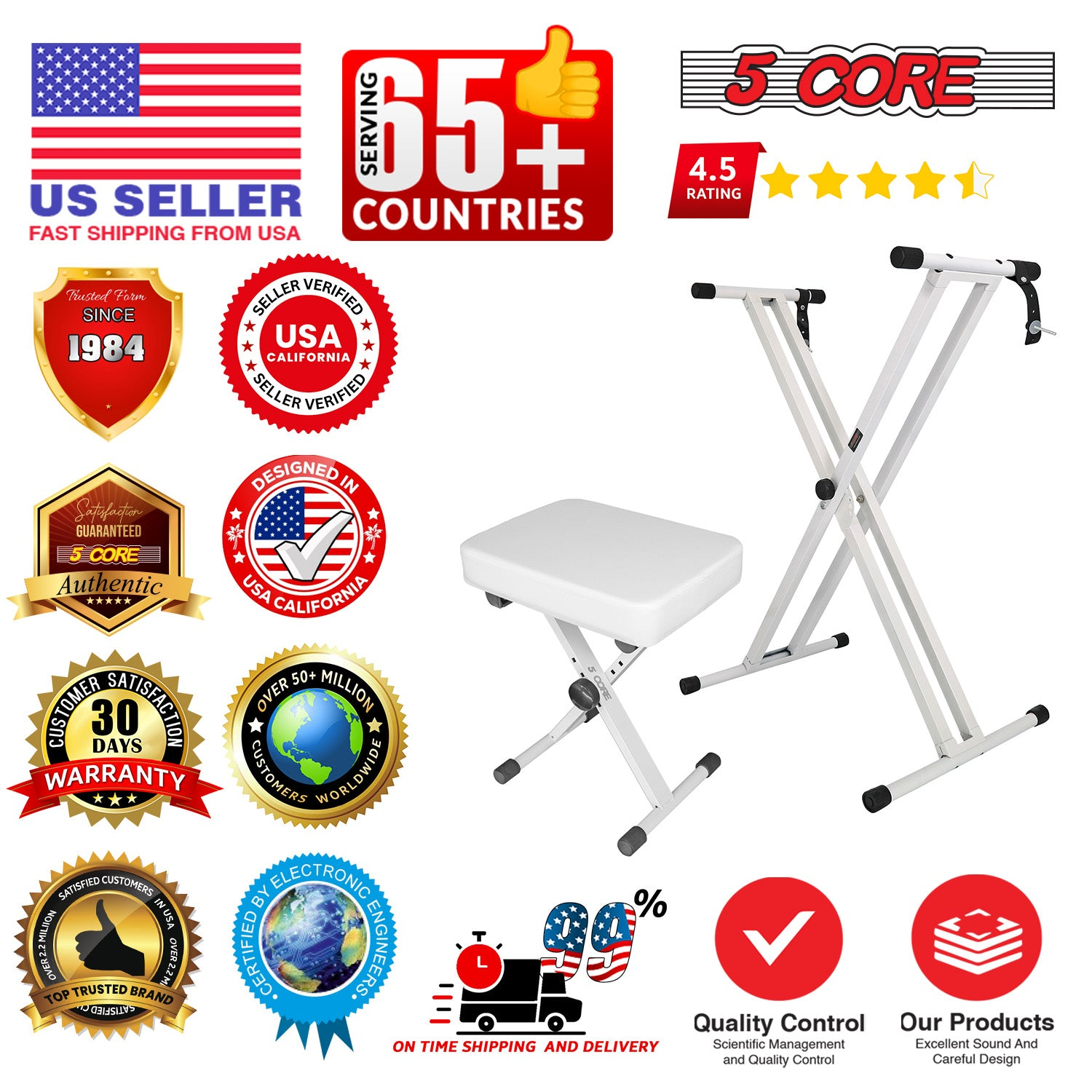 Start2Finish 5 core keyboard stand and padded musician chair set with adjustable stands for piano and keyboard playing.