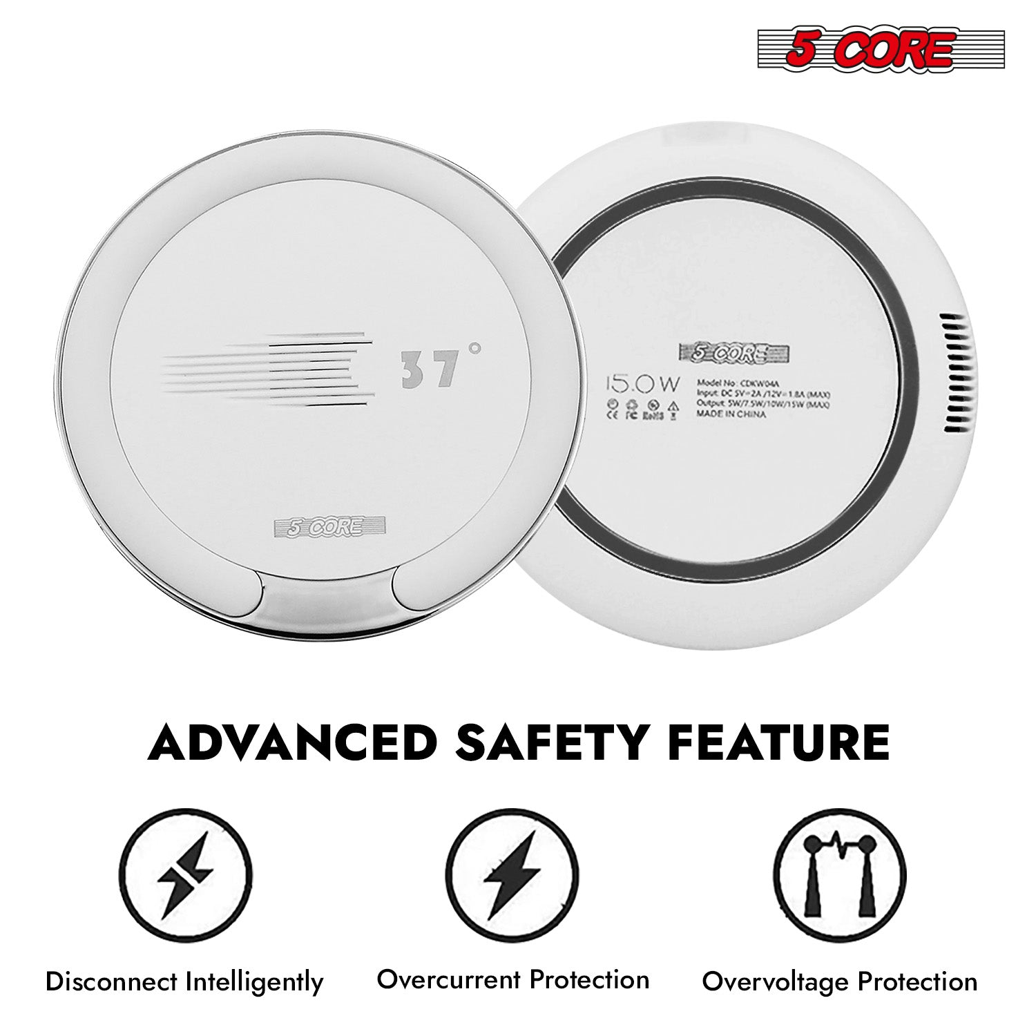 Start2Finish 5Core wireless phone charging pad with 15W fast charging, Qi-certified, slim design, compatible with smartphones.