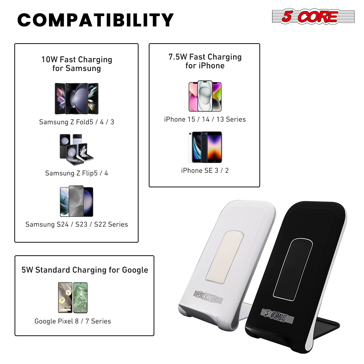 Start2Finish 5 Core Wireless Charging Stand for fast charging, featuring sleep-friendly light, two-piece set, sleek electronic design