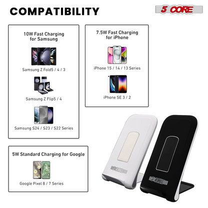 Start2Finish 5 Core Wireless Charging Stand for fast charging, featuring sleep-friendly light, two-piece set, sleek electronic design