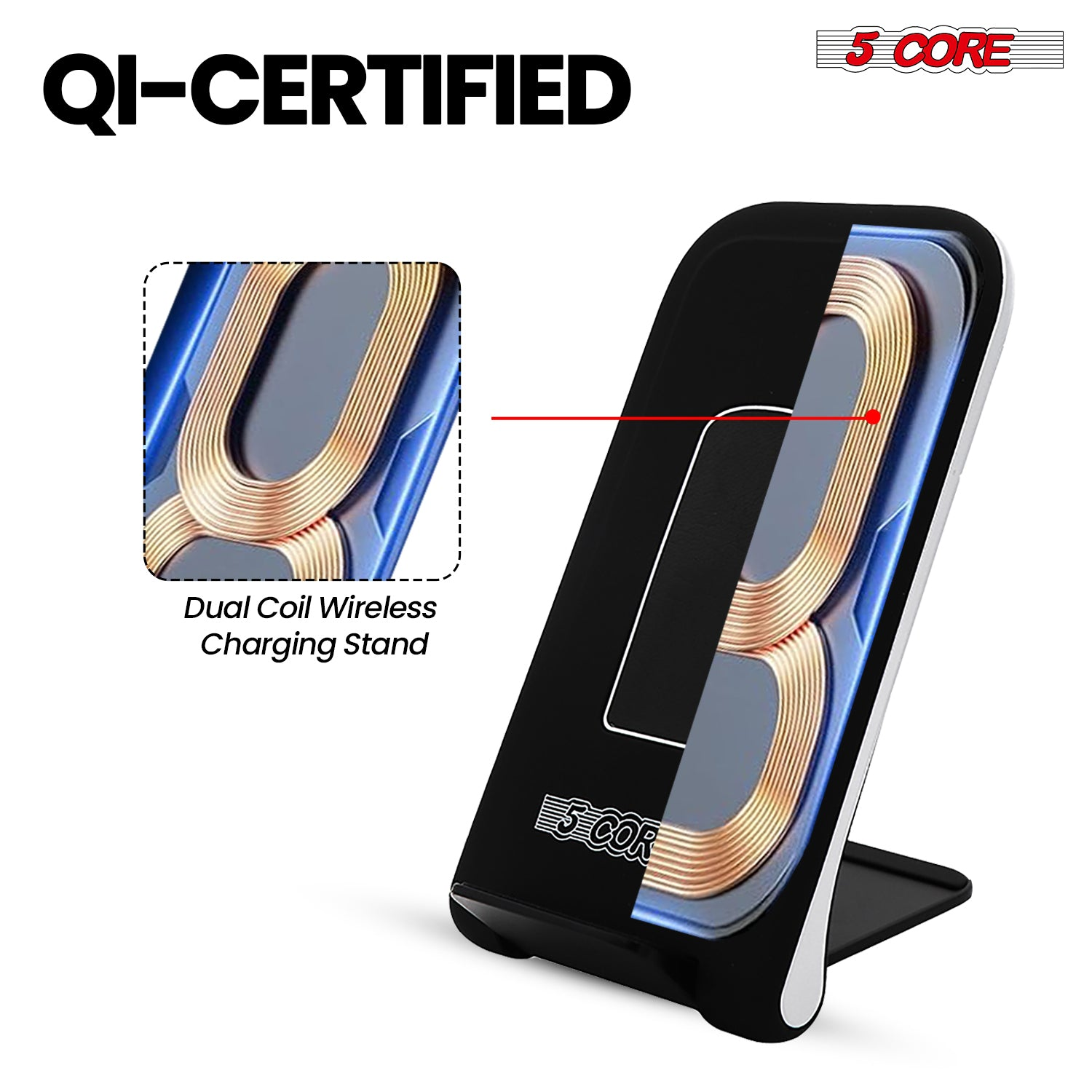 Start2Finish 5-core wireless charging stand with sleep-friendly light, 2-pack, 10W fast wireless charger station for smartphones and devices.