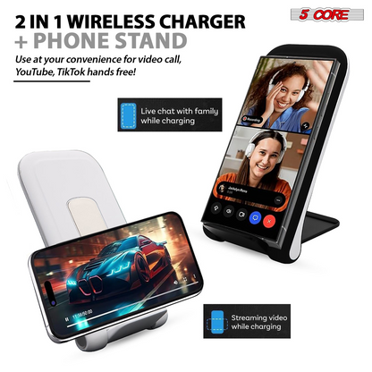 Start2Finish 5 Core wireless charging stand with sleep-friendly light, 10W fast charging, dual station for smartphones and devices