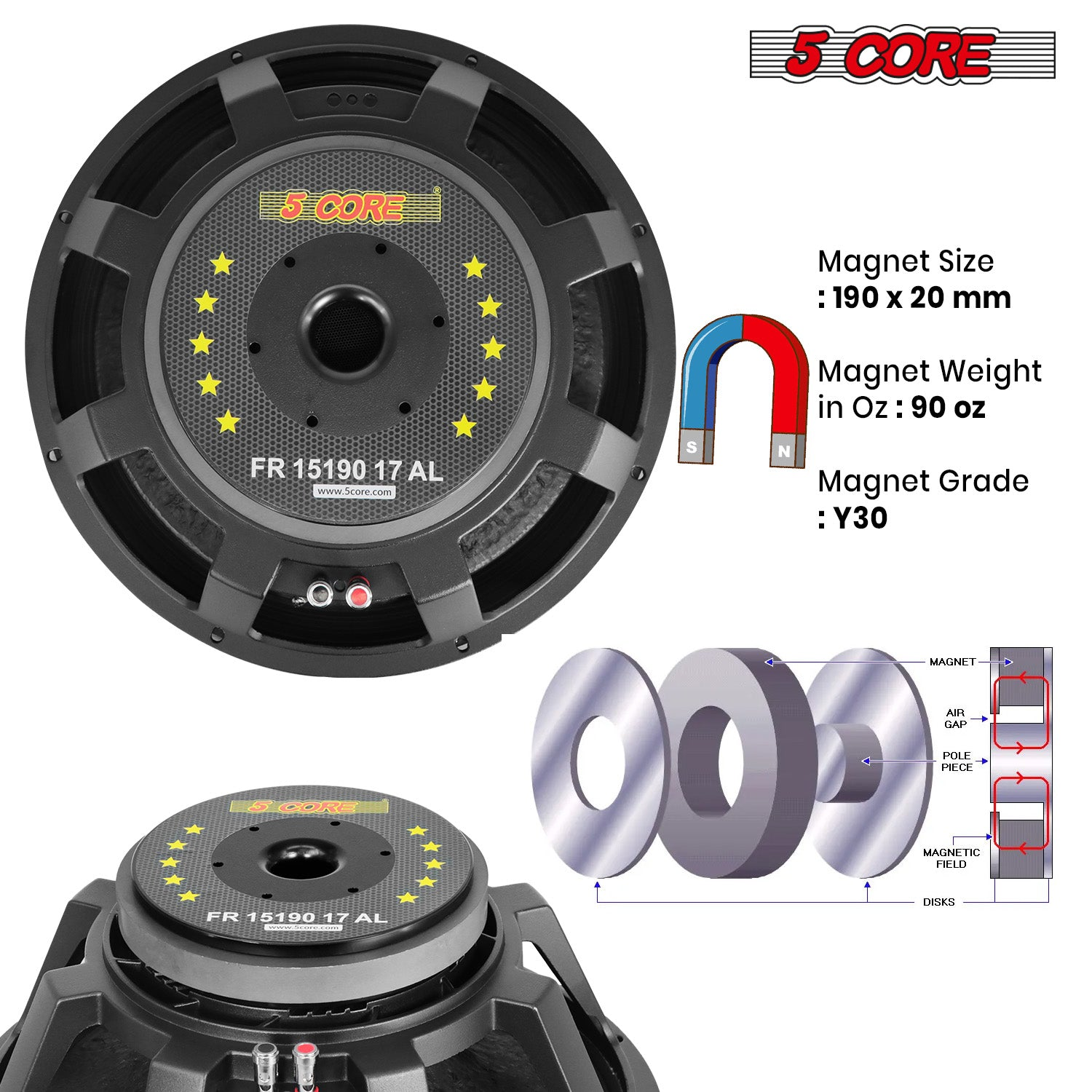 Start2Finish 15-inch 5-core subwoofer speaker with 350W RMS power, full range PA DJ bass driver, 8 Ohm replacement speaker.