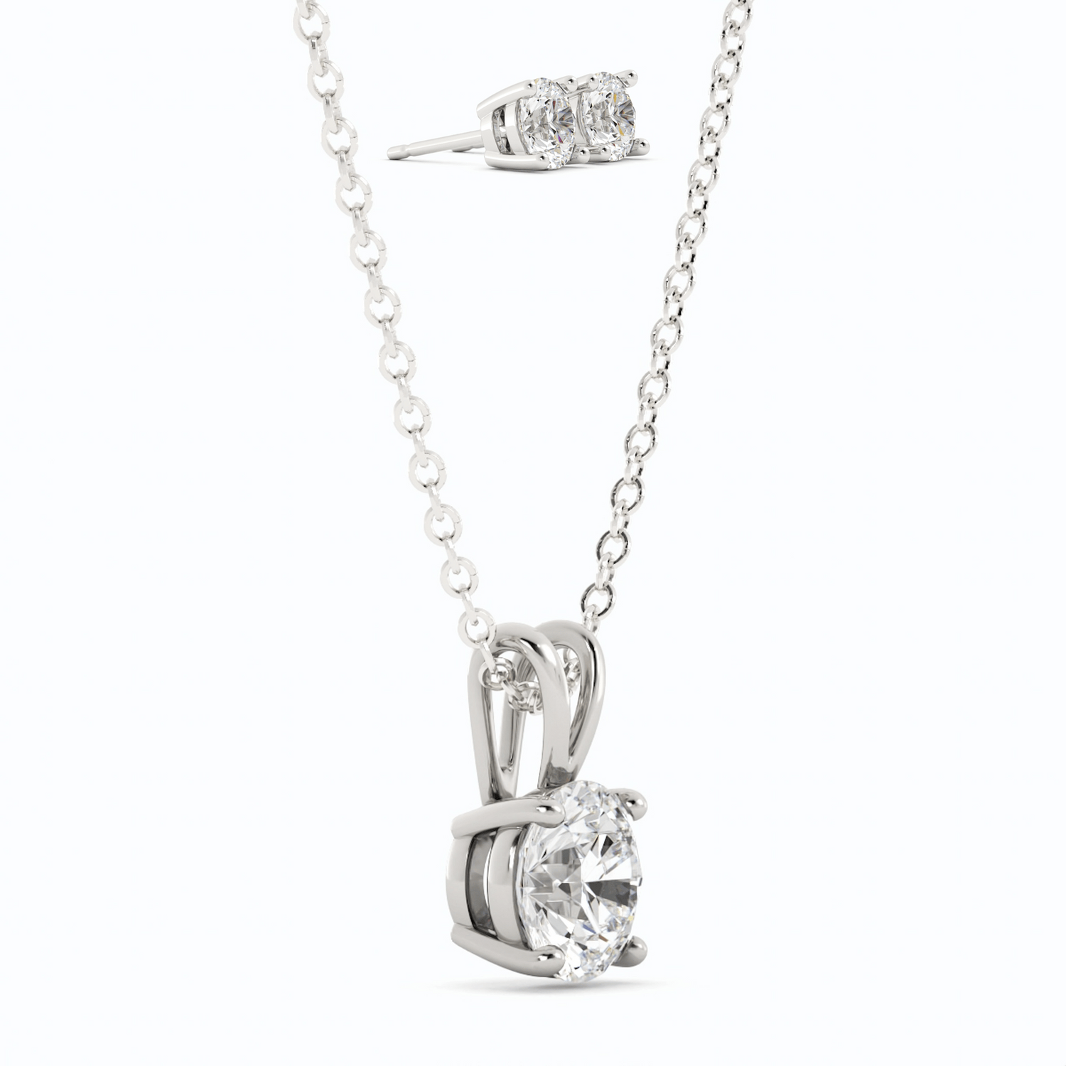 Start2Finish 3CTW moissanite stud earrings and pendant necklace set in 14K white gold overlay, featuring sparkling gemstone details.