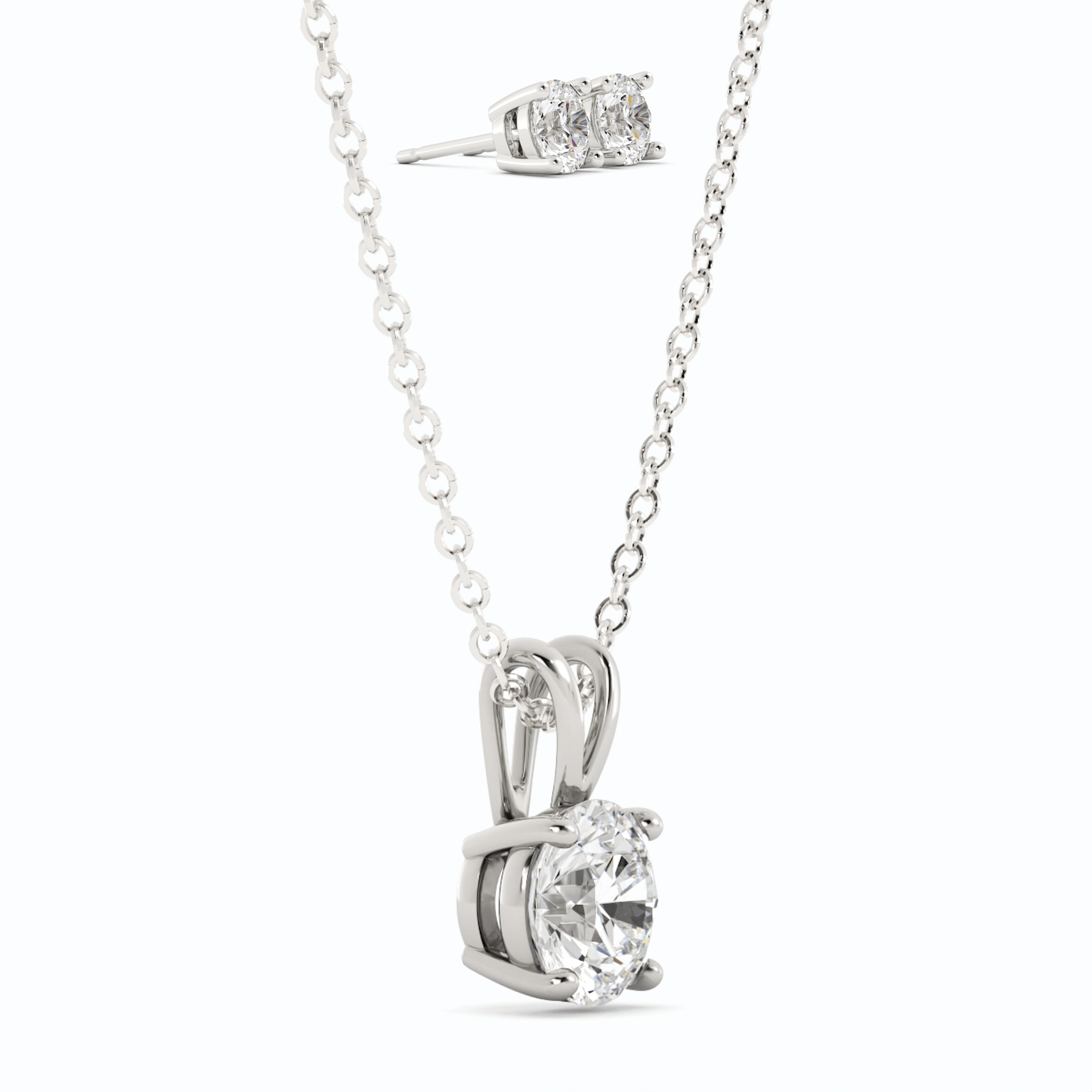Start2Finish 3CTW moissanite stud earrings and pendant necklace set in 14K white gold overlay, featuring sparkling gemstone details.