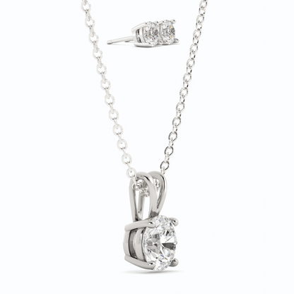 Start2Finish 3CTW moissanite stud earrings and pendant necklace set in 14K white gold overlay, featuring sparkling gemstone details.
