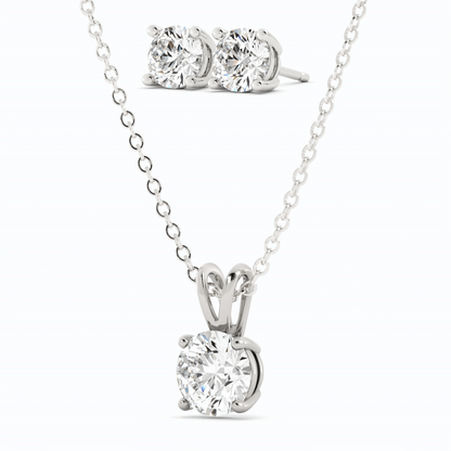 Start2Finish 3-carat total weight moissanite stud earrings and pendant necklace set in 14K white gold overlay, featuring sparkling gemstone designs.