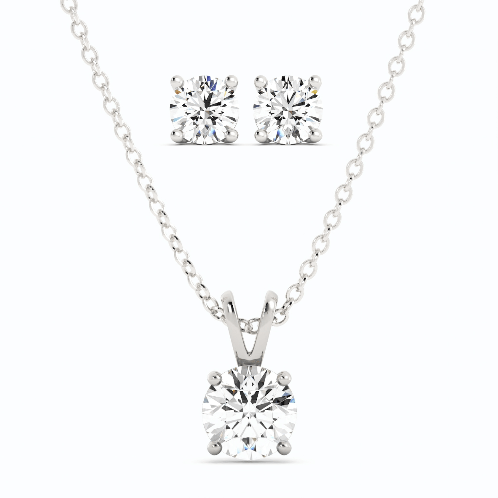 Start2Finish 3CTW moissanite stud earrings and pendant necklace set in 14K white gold overlay, featuring sparkling gemstone designs.