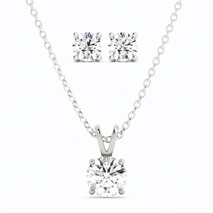 Start2Finish 3CTW moissanite stud earrings and pendant necklace set in 14K white gold overlay, featuring sparkling gemstone designs.