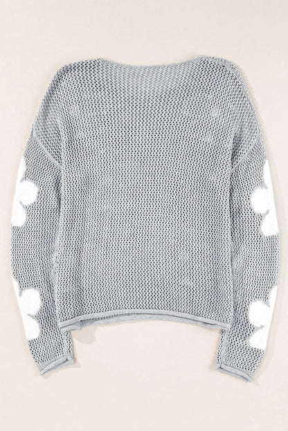 Light grey Carmine Juneberry sweater with big floral hollow knit design and drop shoulder style, cozy and stylish for casual wear.