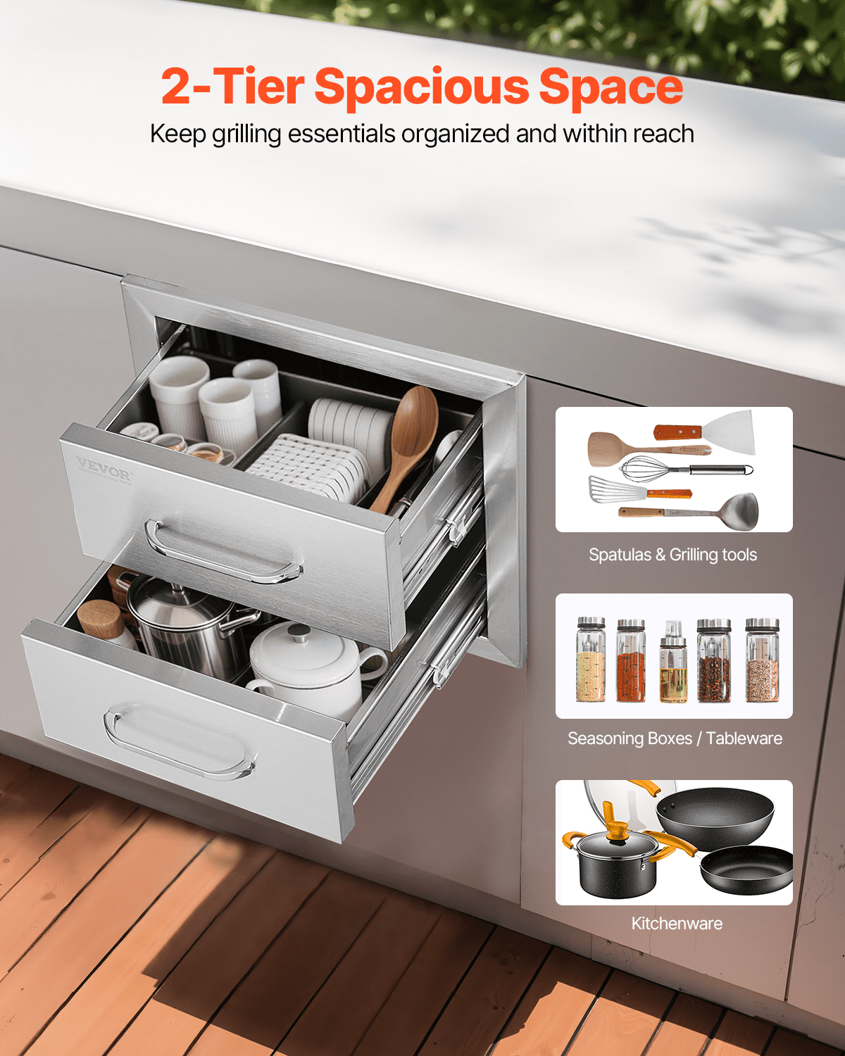 Start2Finish VEVOR outdoor kitchen stainless steel double BBQ drawers with handles, flush mount design for outdoor kitchens or grill stations.