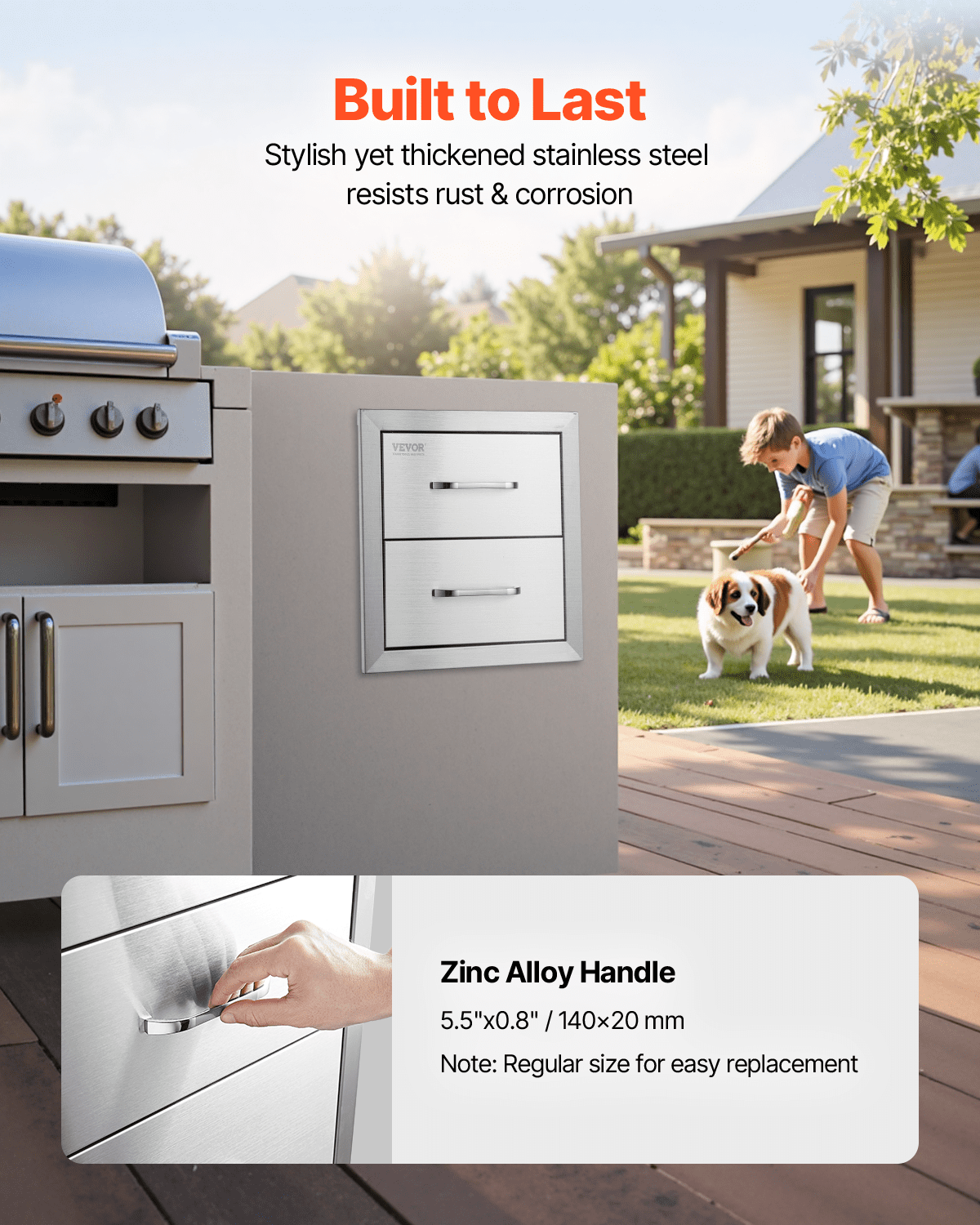 Start2Finish VEVOR stainless steel outdoor kitchen drawers, flush mount double BBQ drawers with handles for grill stations.