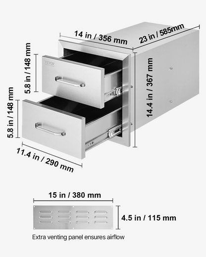 Start2Finish VEVOR outdoor kitchen double stainless steel drawers with handles, flush mount for BBQ island or outdoor grill station