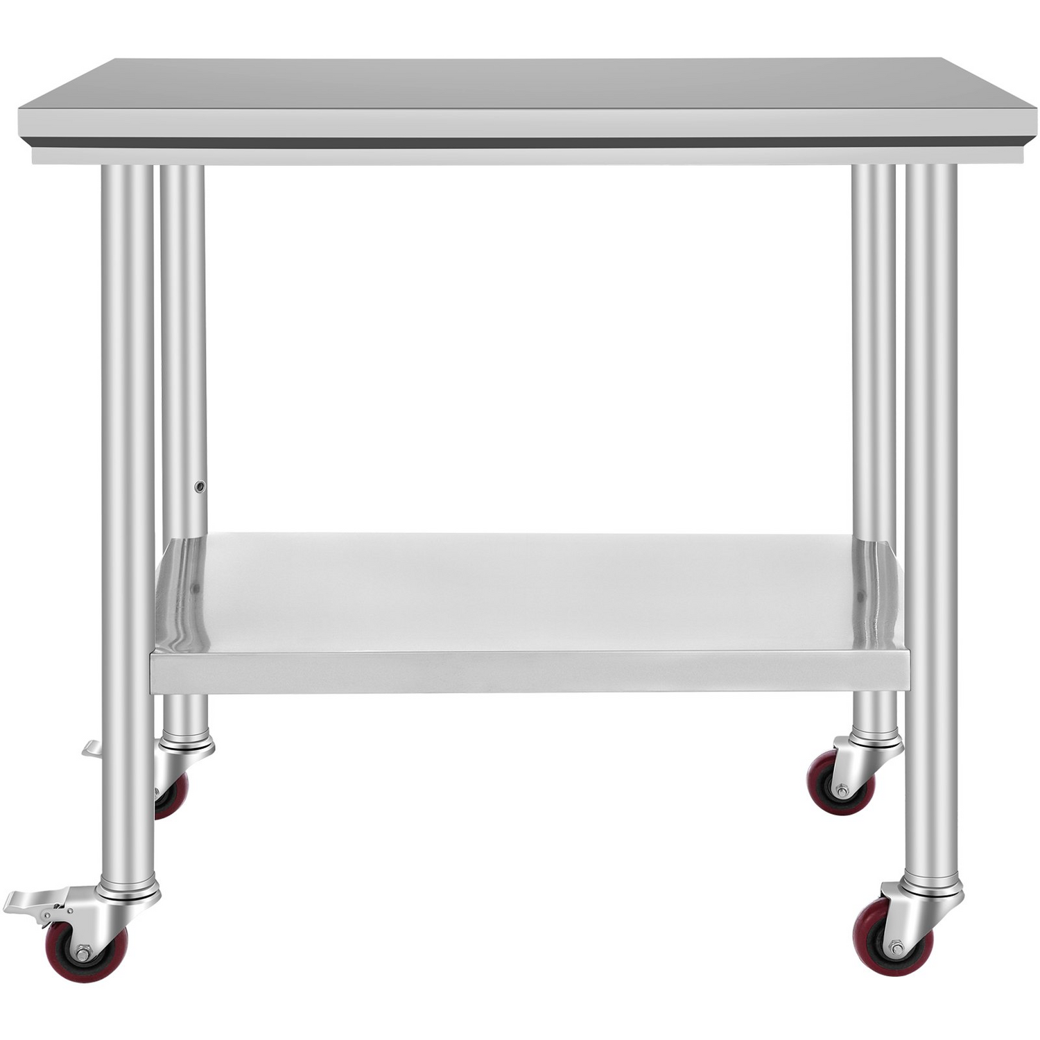 Stainless steel work table with 4 wheels, adjustable height levels, and load capacity for commercial kitchen food prep.