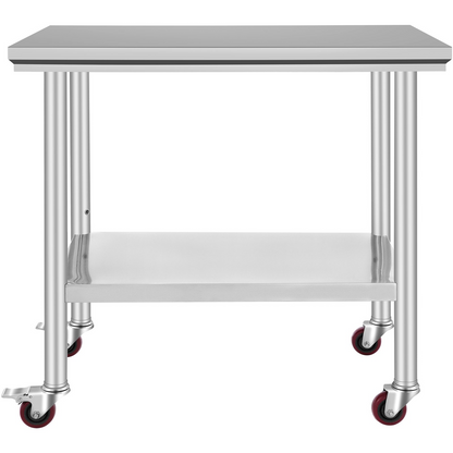Stainless steel work table with 4 wheels, adjustable height levels, and load capacity for commercial kitchen food prep.