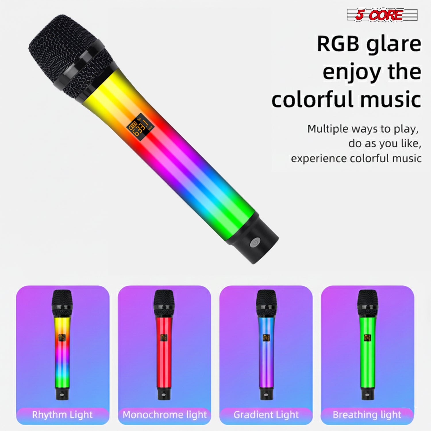 Start2Finish wireless karaoke microphone with RGB lights, rechargeable 5-core microphone for singing and musical performances.