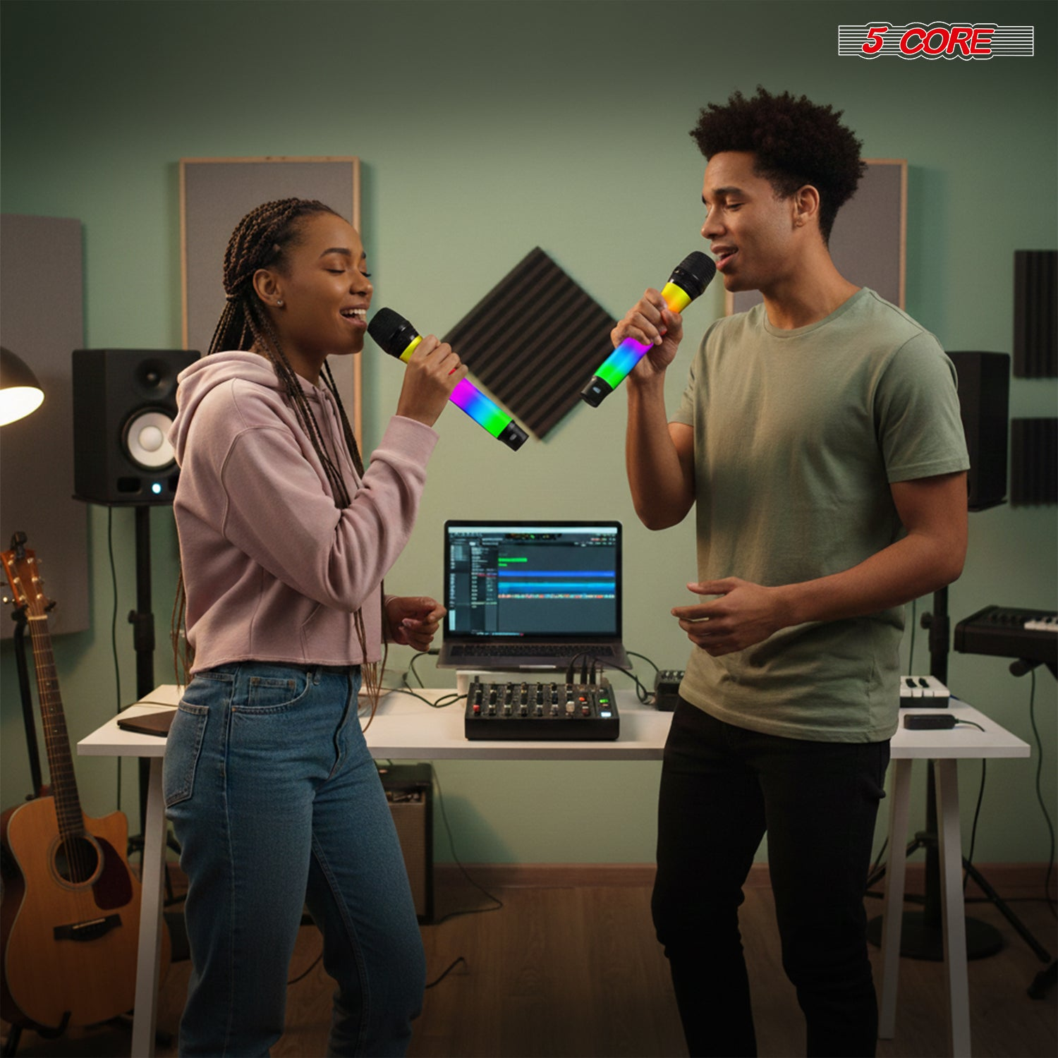 Start2Finish wireless karaoke microphone with RGB lights, rechargeable 5-core microphone for singing and musical performances.