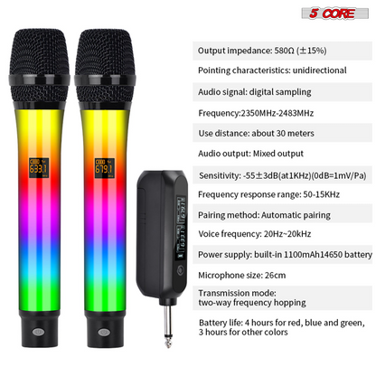 Start2Finish wireless karaoke microphone with RGB lights, rechargeable, handheld musical instrument for singing and entertainment.