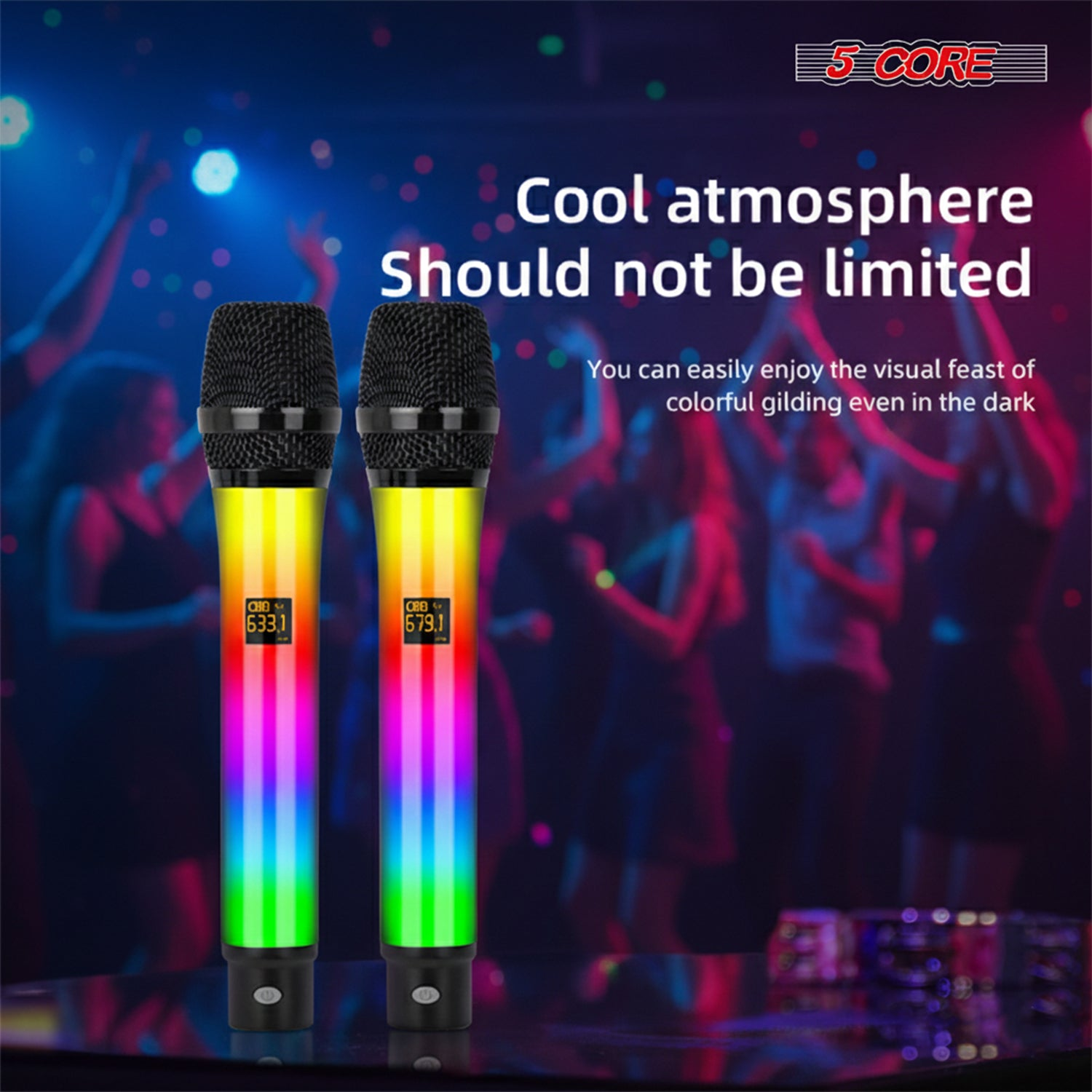 Start2Finish wireless karaoke microphone with RGB lights, rechargeable, ideal for singing and musical performances.