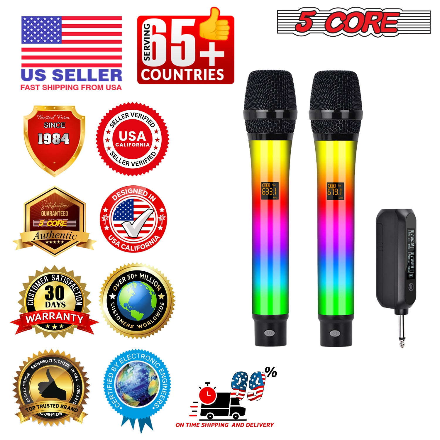 Start2Finish wireless karaoke microphone with RGB lights, rechargeable, handheld musical instrument for singing and entertainment.