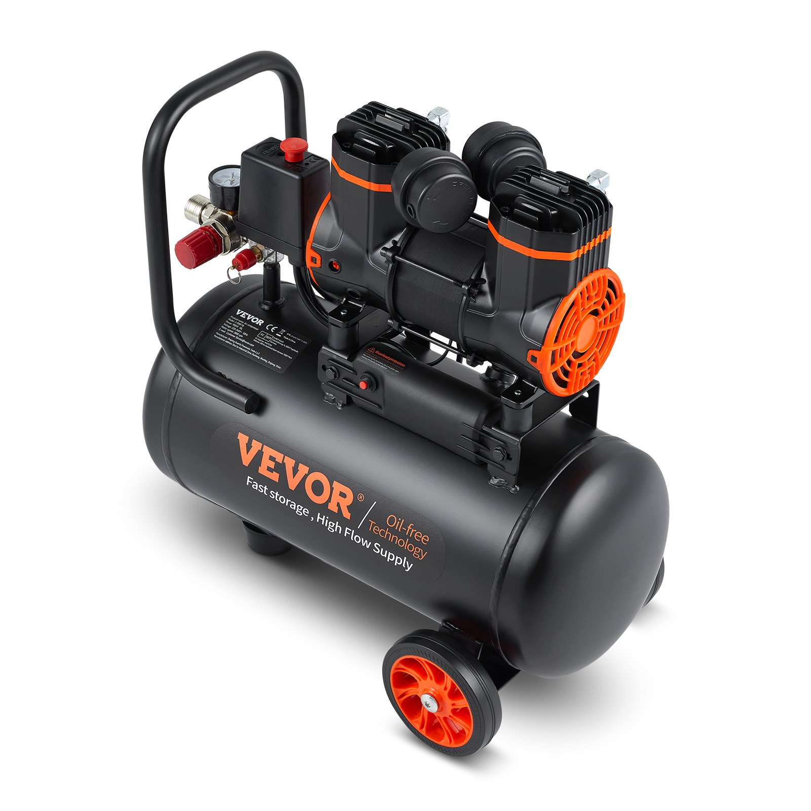 Start2Finish VEVOR 4.8-gallon oil-free air compressor with 1.2HP, 2.2 CFM at 90 PSI, quiet for auto repair and tire inflation.