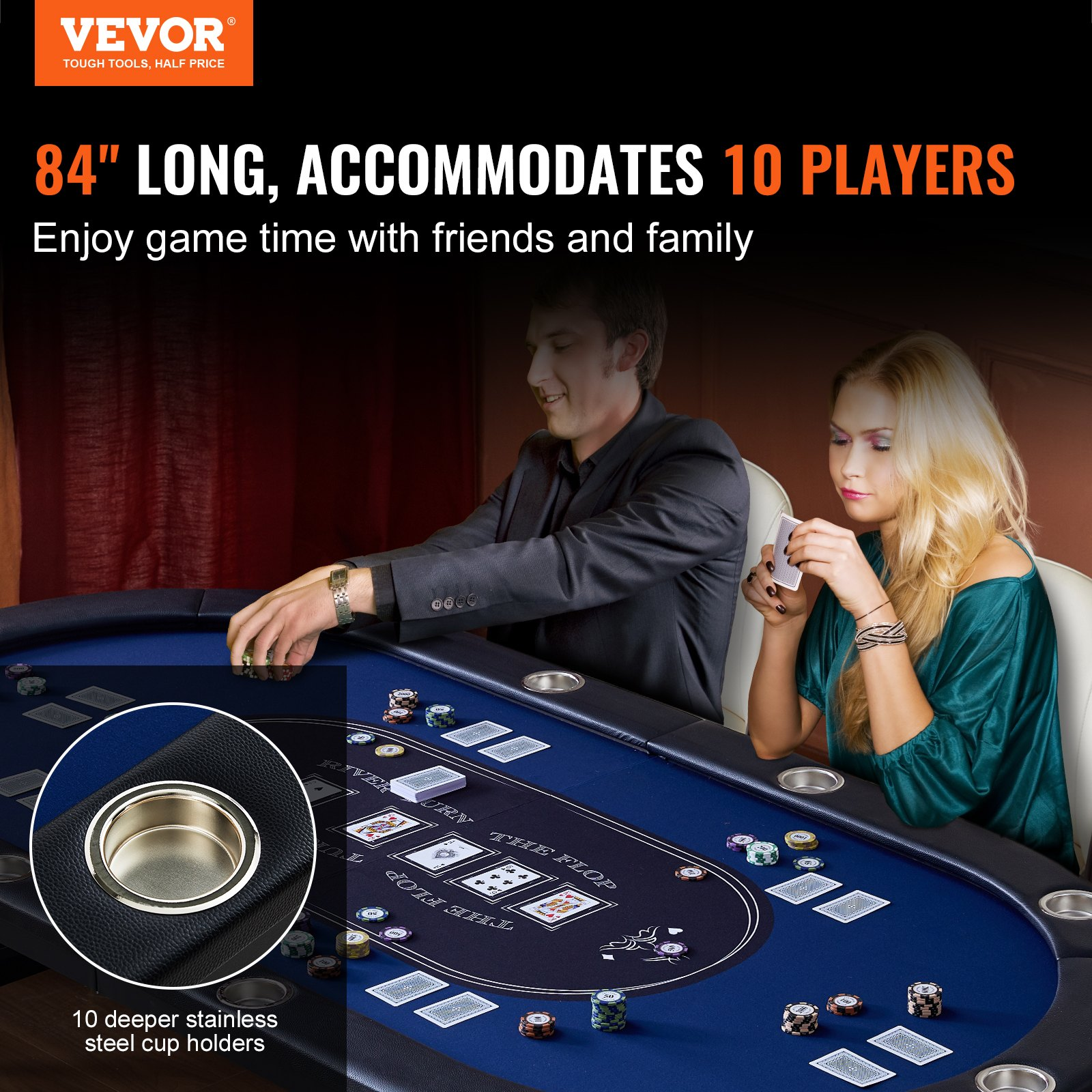 Start2Finish 10-player foldable poker table with padded rails, stainless steel cup holders, and an 84-inch oval casino-style design.